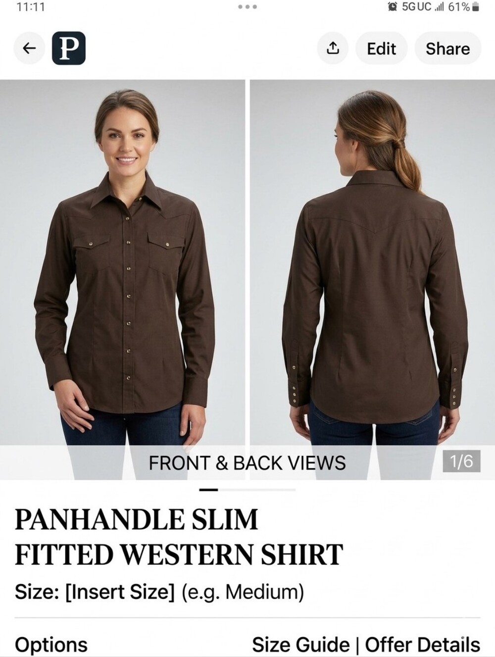 PANHANDLE SLIM FITTED SHIRT SIZE LARGE